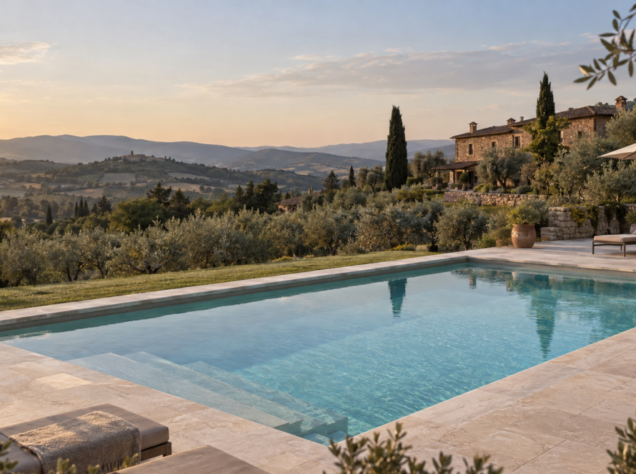 Piscina interrata realizzata ad Arezzo, immersa tra le colline toscane e circondata da ulivi e materiali naturali.